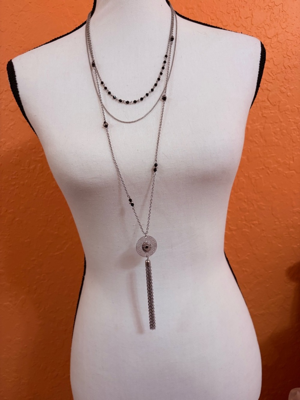 Charming Charlie Silver Layered Disc Necklace with Black Beads